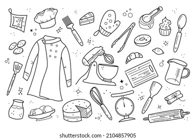 Conjunto de herramientas de cocina para cocinar pasteles, postres, galletas y pasteles. Ilustración vectorial en estilo doodle dibujado a mano para el menú de diseño, libro de recetas, decoración de pastelería.