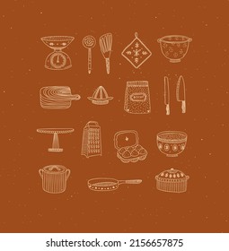 Set of kitchen tools and cooking icons drawing in handmade graphic primitive casual style on mustard background.