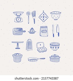 Set of kitchen tools and cooking icons drawing in handmade graphic primitive casual style on beige background.