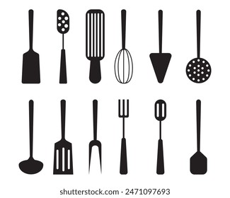 Juego de utensilios de cocina para cocinar. Juego realista de utensilios de cocina de Vector, cubiertos y herramientas.