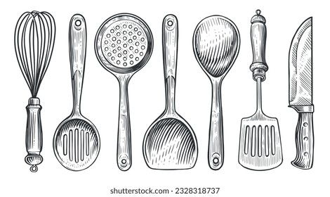 Conjunto de herramientas de cocina para cocinar, estilo antiguo de grabado. Esbozar ilustración vectorial vintage para el menú de restaurante o cena