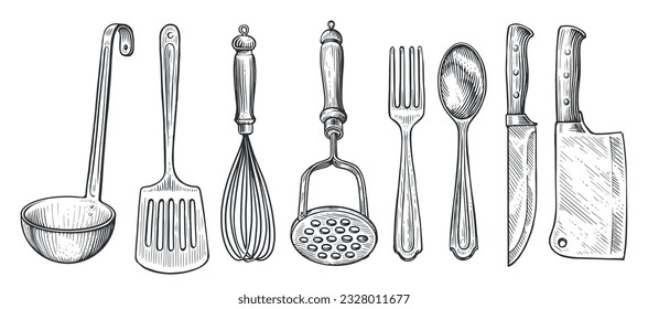 Set of kitchen tools for cooking. Sketch vintage vector illustration for restaurant or diner menu