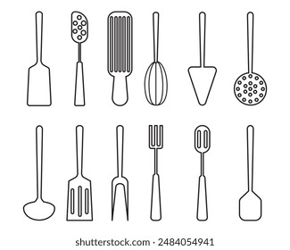 Conjunto de herramientas de cocina para cocinar conjunto de iconos de línea fina. Juego realista de utensilios de cocina de Vector, cubiertos y herramientas.