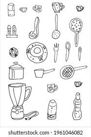 Set of kitchen tools, cooking utensils, kitchenware. Doodle style. Vector stock illustration.