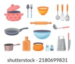 Set of Kitchen tools. Crockery and kitchen utensils for cooking. Stickers or icons set with saucepan, pan, knife, rolling pin, plate and spoons. Cartoon flat vector illustration in doodle style