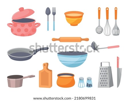 Set of Kitchen tools. Crockery and kitchen utensils for cooking. Stickers or icons set with saucepan, pan, knife, rolling pin, plate and spoons. Cartoon flat vector illustration in doodle style