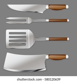 Set of kitchen tools for cutting foods and cooking on a grill in a realistic style for use as logos on cards, in printing, posters, invitations, web design and other purposes.