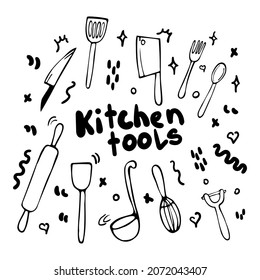 Conjunto de herramientas de cocina en estilo doodle. Colección dibujada a mano de elementos vectoriales.