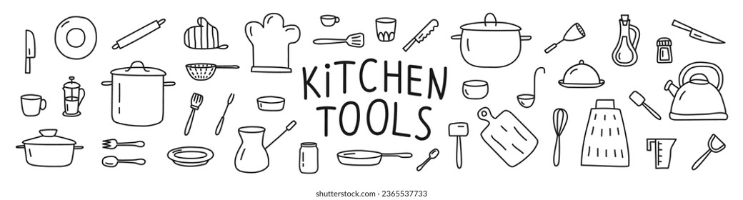 A set of kitchen tools. Doodle style. Vector
