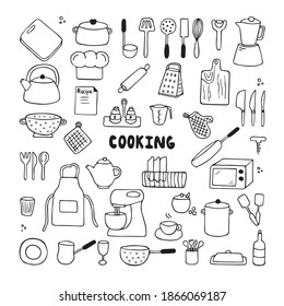 Set of kitchen tools doodles. Hand drawn kitchen equipments. Cooking. Vector illustration on white background. Vector illustration for restaurant menu, recipe book, and wallpaper.