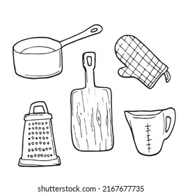 Set of kitchen tools doodles. Hand drawn kitchen equipments. Vector illustration on white background. Vector illustration for restaurant menu, recipe book, and wallpaper.