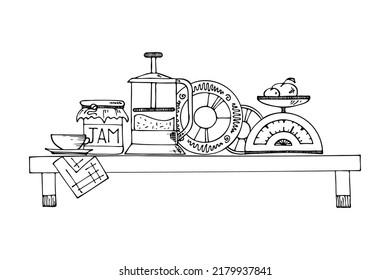 Set of kitchen tools doodles. Hand drawn kitchen equipments. 
Vector illustration on white background. Clipart for restaurant menu, recipe book, and wallpaper.
