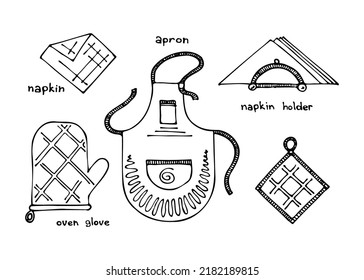 Set of kitchen tools doodles. Hand drawn kitchen equipments. 
Vector illustration on white background. Clipart for restaurant menu, recipe book, and wallpaper.