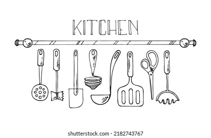 Set of kitchen tools doodles. Hand drawn kitchen equipments. 
Vector illustration on white background. Clipart for restaurant menu, recipe book, and wallpaper.