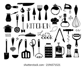 Set of kitchen tools doodles. Hand drawn vector black silhouette  illustration on white background. Clipart for restaurant menu, recipe book, and wallpaper.