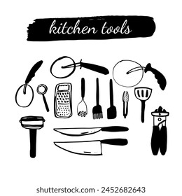 Set of kitchen tools doodles. Hand drawn kitchen equipments. Vector illustration on white background. Vector illustration for restaurant menu, recipe book, and wallpaper.