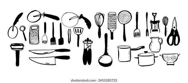 Set of kitchen tools doodles. Hand drawn kitchen equipments. Vector illustration on white background. Vector illustration for restaurant menu, recipe book, and wallpaper.