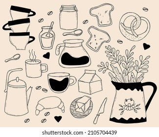 Set of kitchen tools doodles. Kitchen utensils for cooking, knife and jug with plants, dishes, kettle and cups, bread and margarine products, jars and kitchen utensils. Vector illustration. isolated