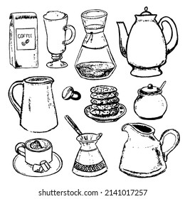 Un conjunto de herramientas de cocina con garabatos. Utensilios de cocina para hacer café, café, café, capuchino, platos, tetera, tazas y utensilios de cocina. Ilustración vectorial. aislado