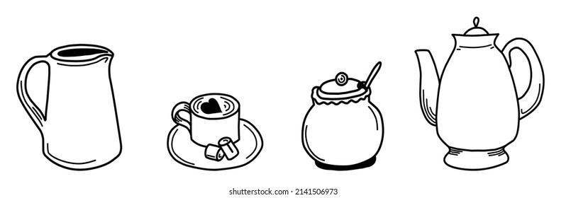 Un conjunto de herramientas de cocina con garabatos. Utensilios de cocina para hacer café, café, café, capuchino, platos, tetera, tazas y utensilios de cocina. Ilustración vectorial. aislado