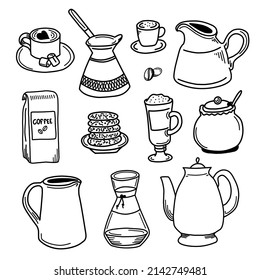 A set of kitchen tools with doodles. Kitchen utensils for making coffee, latte, cappuccino, dishes, teapots, cups and kitchen utensils. Vector illustration. isolated