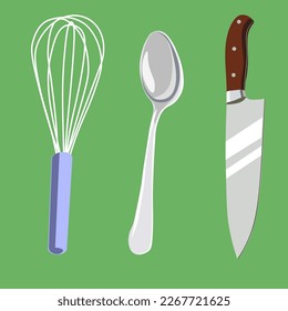 set of kitchen tools in flat style. knife,whisk and spoon in vector.
