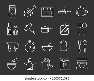 set of kitchen tools icons, such as knife, plate, oven, pan, fork, bowl, mixer