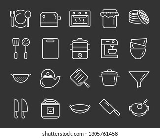 set of kitchen tools icons, such as knife, plate, oven, pan, fork, bowl, mixer