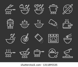 set of kitchen tools icons, such as knife, plate, oven, pan, fork, bowl, mixer