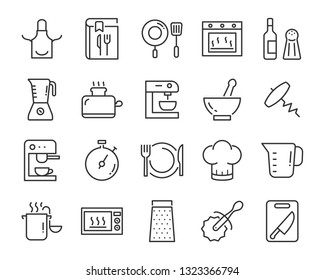 set of kitchen tools icons, such as knife, plate, oven, pan, fork, bowl, mixer