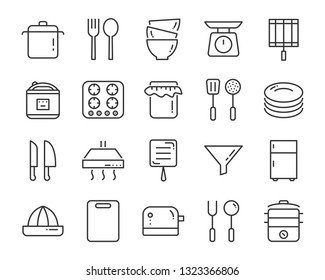 set of kitchen tools icons, such as knife, plate, oven, pan, fork, bowl, mixer