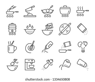 set of kitchen tools icons, such as knife, plate, oven, pan, fork, bowl, mixer