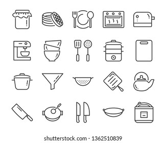 set of kitchen tools icons, such as knife, plate, oven, pan, fork, bowl, mixer