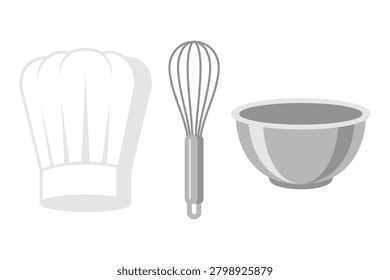 Set of kitchen tools including chef's hat, egg whisk, and stainless steel mixing bowl, ready for culinary tasks.