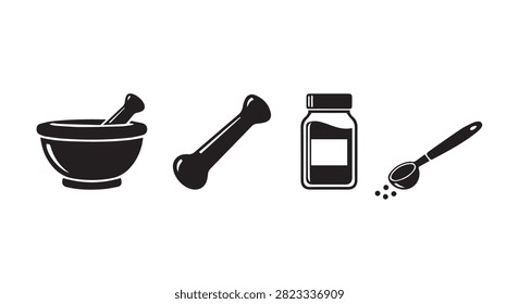 Set of kitchen tools and ingredients including a mortar and pestle, jar, and spoon, used for cooking and food preparation in a culinary setting.