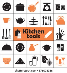 Set of kitchen tools instruments silhouette icons illustration