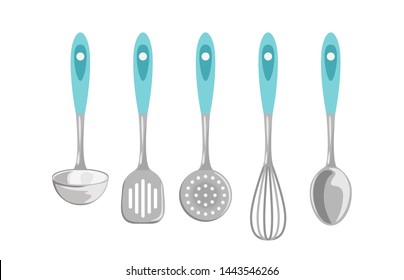 Set of kitchen tools isolated on white background. Vector illustration of a ladle, spatula, spoon, whisk and skimmer in cartoon simple flat style.