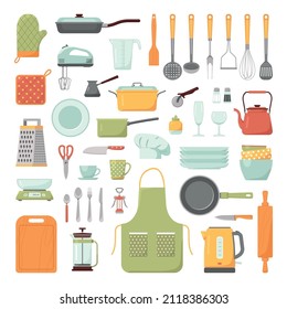 Set of kitchen tools isolated on white background. Kitchenware collection.Cartoon Vector Illustration