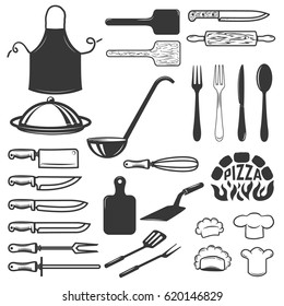 Set of kitchen tools isolated on white background. Design element for logo, label, emblem, sign. Vector illustration