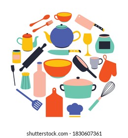 Set of kitchen tools, kitchenware in circle shape. Hand drawn colorful flat vector illustration.