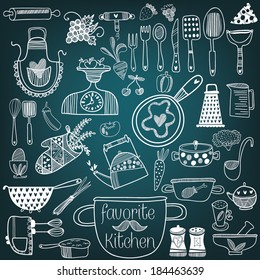 Set of  kitchen tools on chalkboard background. Vector illustration of kitchen doodles collection-Pan, skillet, apron, scales, mixer and other