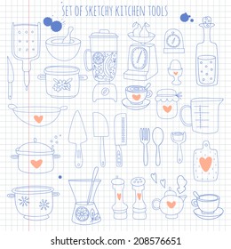 Set of kitchen tools on notebook paper. EPS 10. No transparency. No gradients.