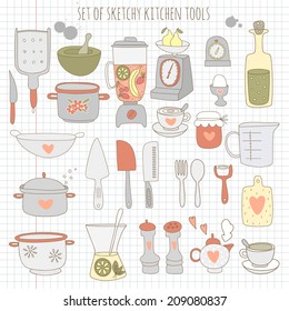 Set of kitchen tools on notebook paper. EPS 10. No transparency. No gradients.