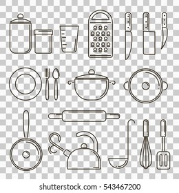 Set of kitchen tools on a transparent background. Collection of kitchen utensils in flat style