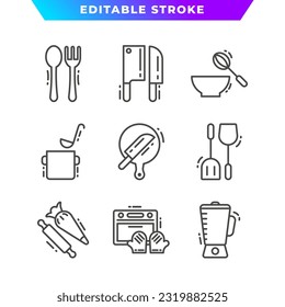 Set of Kitchen Tools Outline Icon. Knife, Oven, Spatula, Spoon, Fork, Blender, Mixer, and More. Editable Stroke. Vector Eps 10