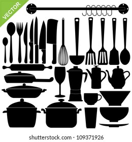 Set of kitchen tools silhouettes vector