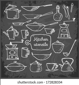 Set of kitchen tools sketches, hand-drawn on blackboard. Vector illustration.