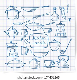 Set of kitchen tools sketches, hand-drawn on squared paper. Vector sketch illustration.