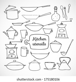 Set of kitchen tools sketches isolated on white. Vector illustration. 