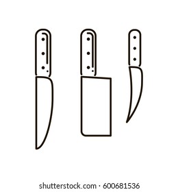 Set of kitchen tools. Three knives for different types of work in the kitchen. Lineart vector illustration